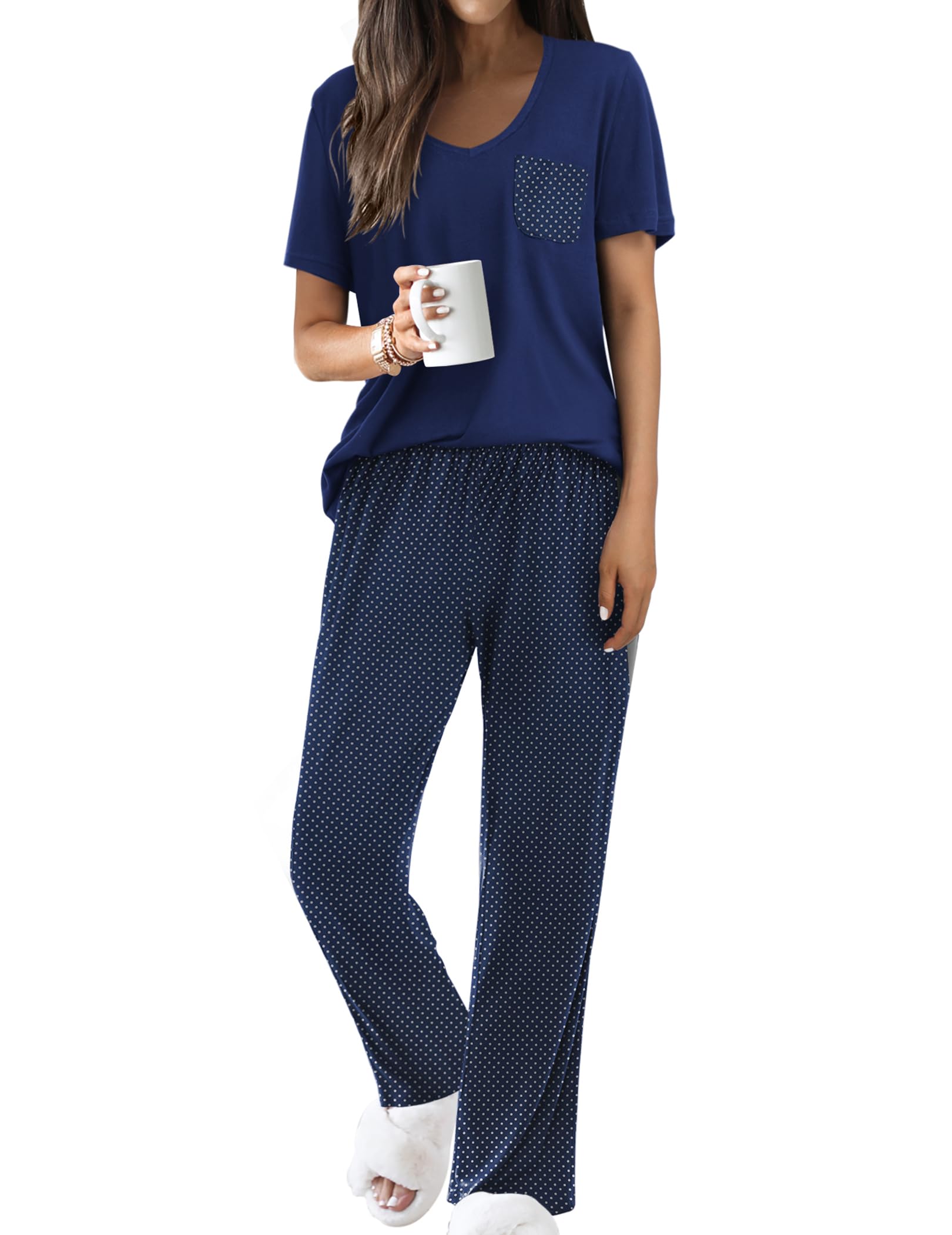 Ekouaer Pajama Sets for Women 2 Piece Short Sleeve Pj V Neck Chest Pocket