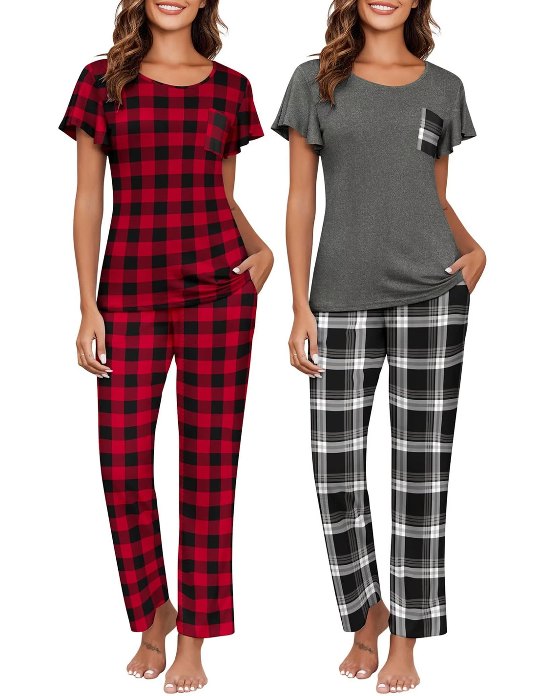 Ekouaer Pajamas for Women Set 2 Piece Comfy Loungewear, Lightweight Pjs Sleepwear, Short Sleeve Top & Long Pants with Pockets
