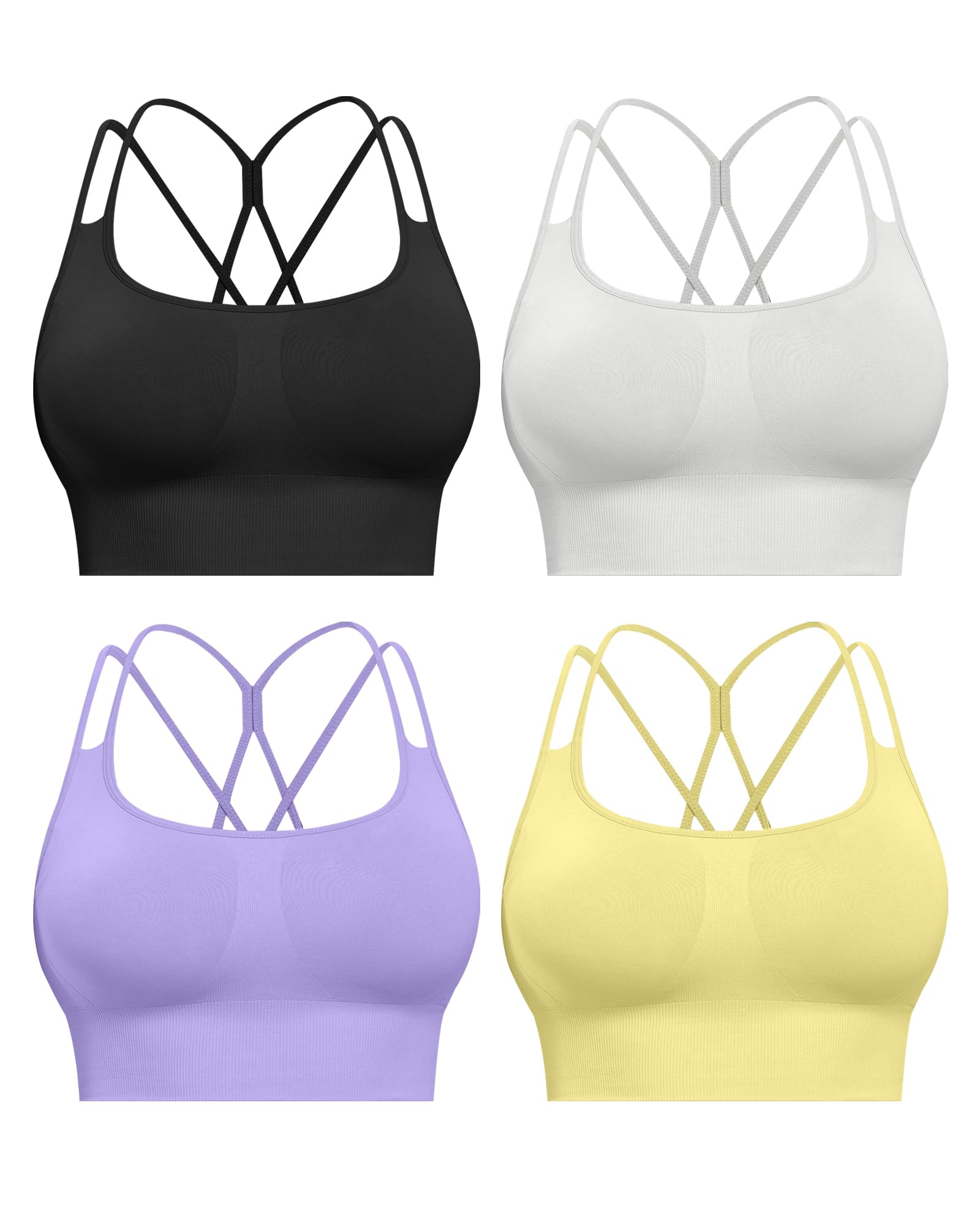 CHRLEISURE Sports Bras for Women, 4 Packs Padded High Support Workout Yoga Seamless Criss-Cross Racerback Bras