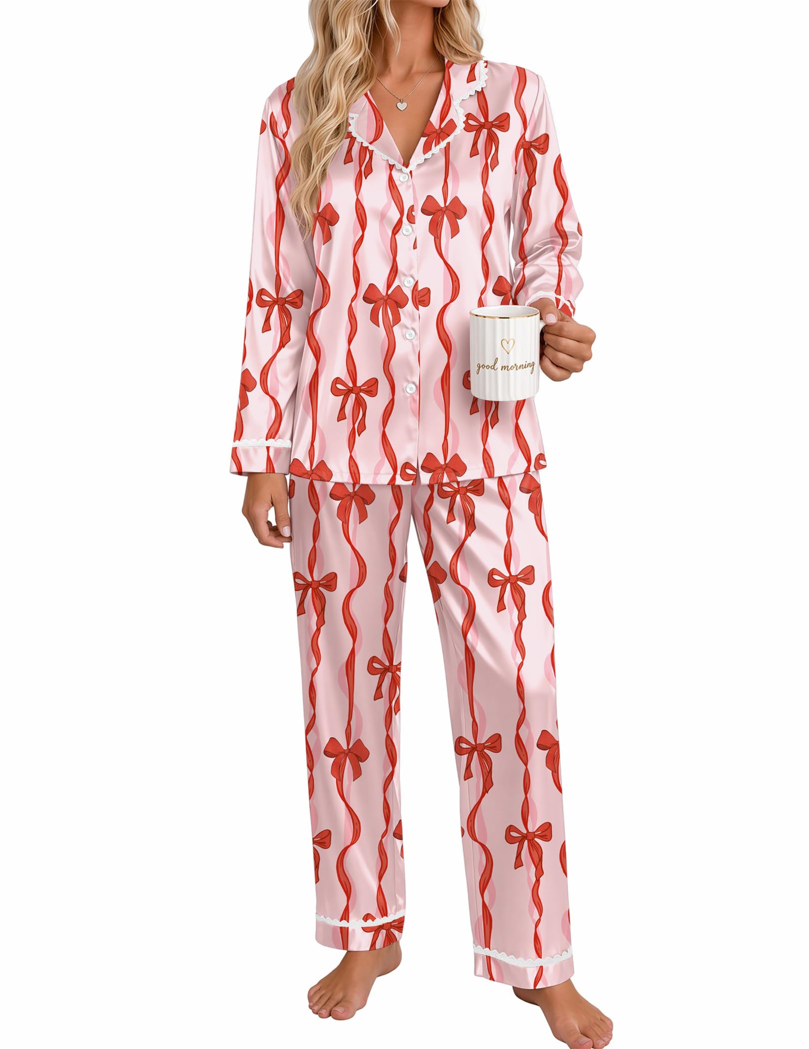 Ekouaer Satin Pajamas for Women Set 2 Piece Silk Pjs Long Sleeve Lounge Set