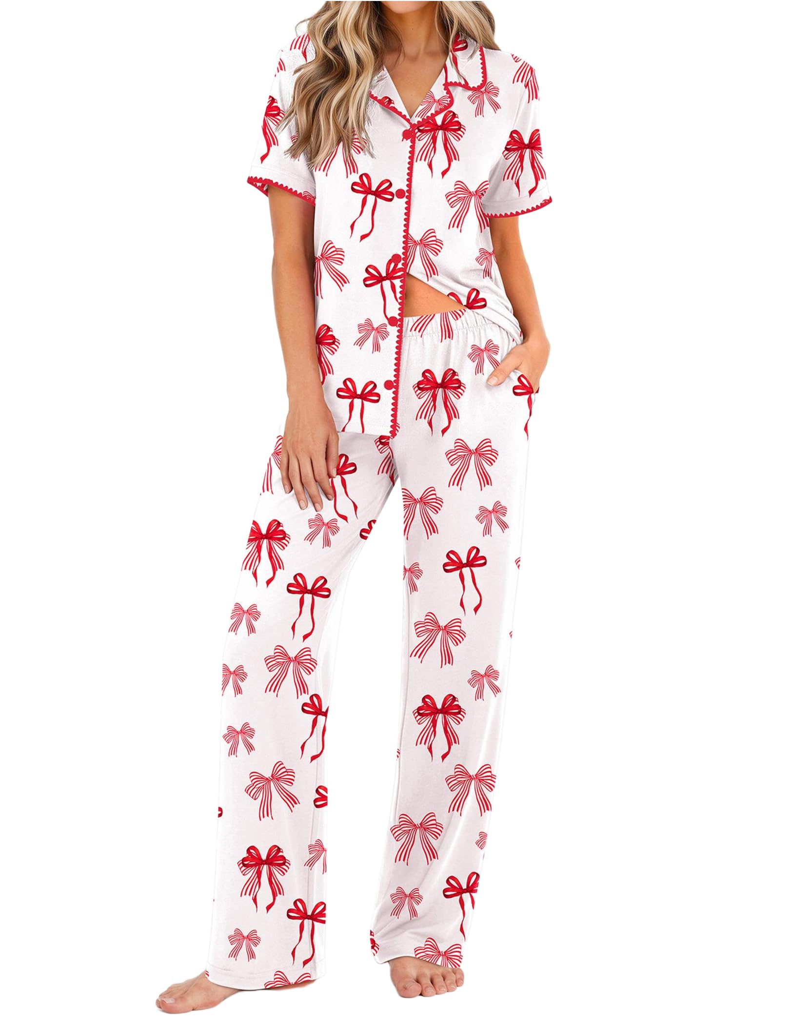Ekouaer Womens Pajamas Set Button Down Loungewear Short Sleeve Pants Pjs