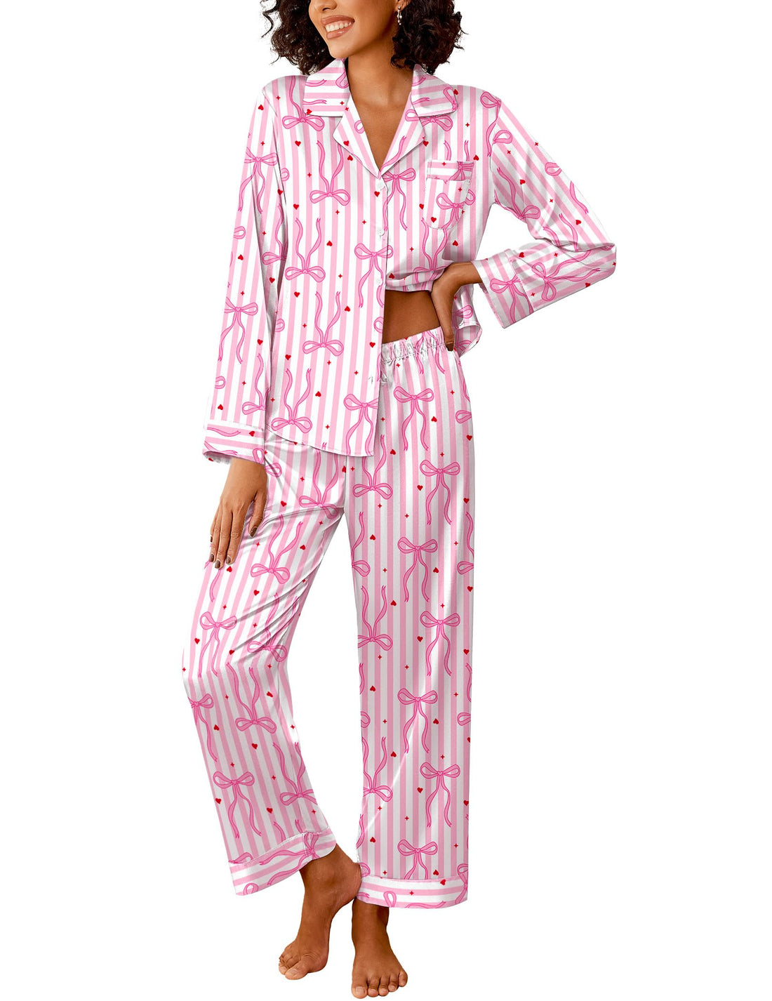 Ekouaer Womens Silk Satin Pajama Sets 2 Piece Pjs Set Stripe Sleepwear