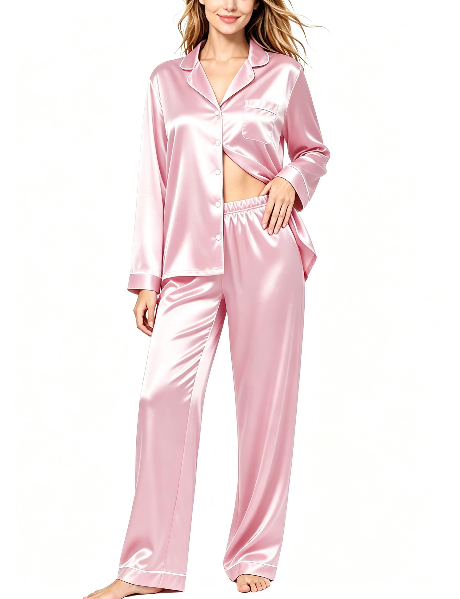 SWOMOG Womens Silk Satin Pajamas Set Long Sleeve Button Down Sleepwear 2 Piece Lounge Set Pj Set XS-3XL