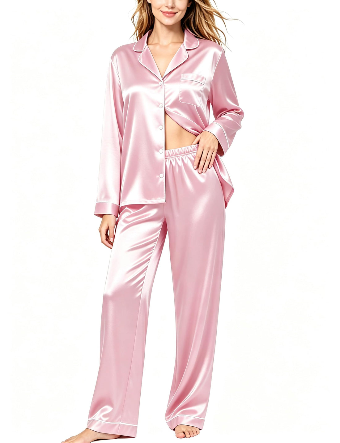 SWOMOG Womens Silk Satin Pajamas Set Long Sleeve Button Down Sleepwear 2 Piece Lounge Set Pj Set XS-3XL