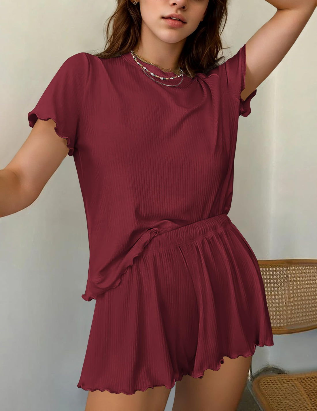 Ekouaer Womens Pajamas 2 Piece Ribbed Knit Pjs Short Sleeve Lounge Sets