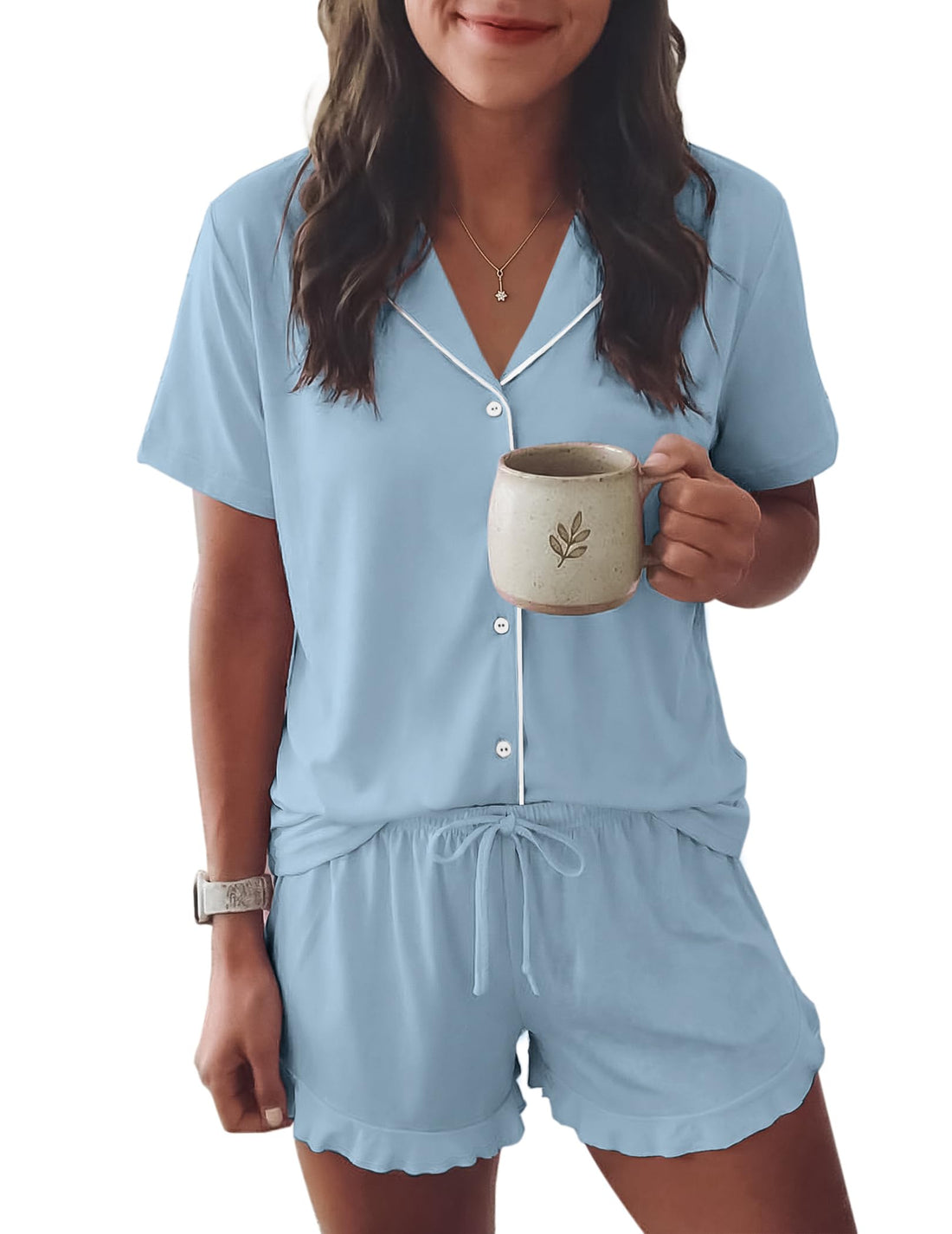 Ekouaer Womens Pajama Sets Button Down Cute Ruffled Pjs Set Sleepwear