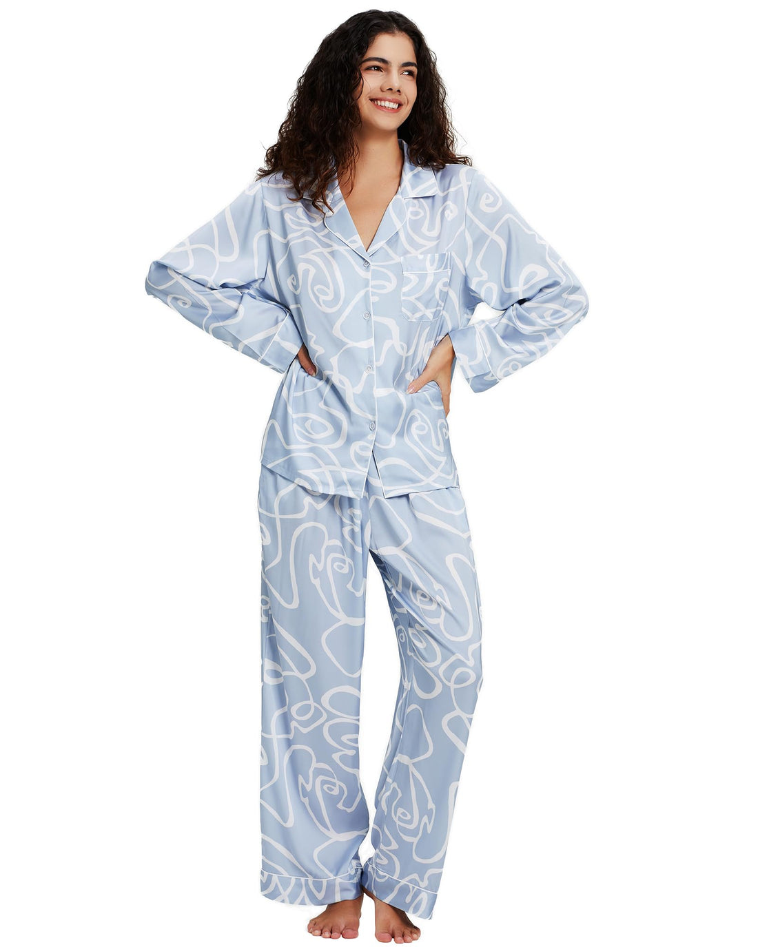 YiNi LuLu Womens Silk Satin Pajamas Set Button Down 2 Piece Pjs Long Sleeve Oversized Sleepwear with Pockets