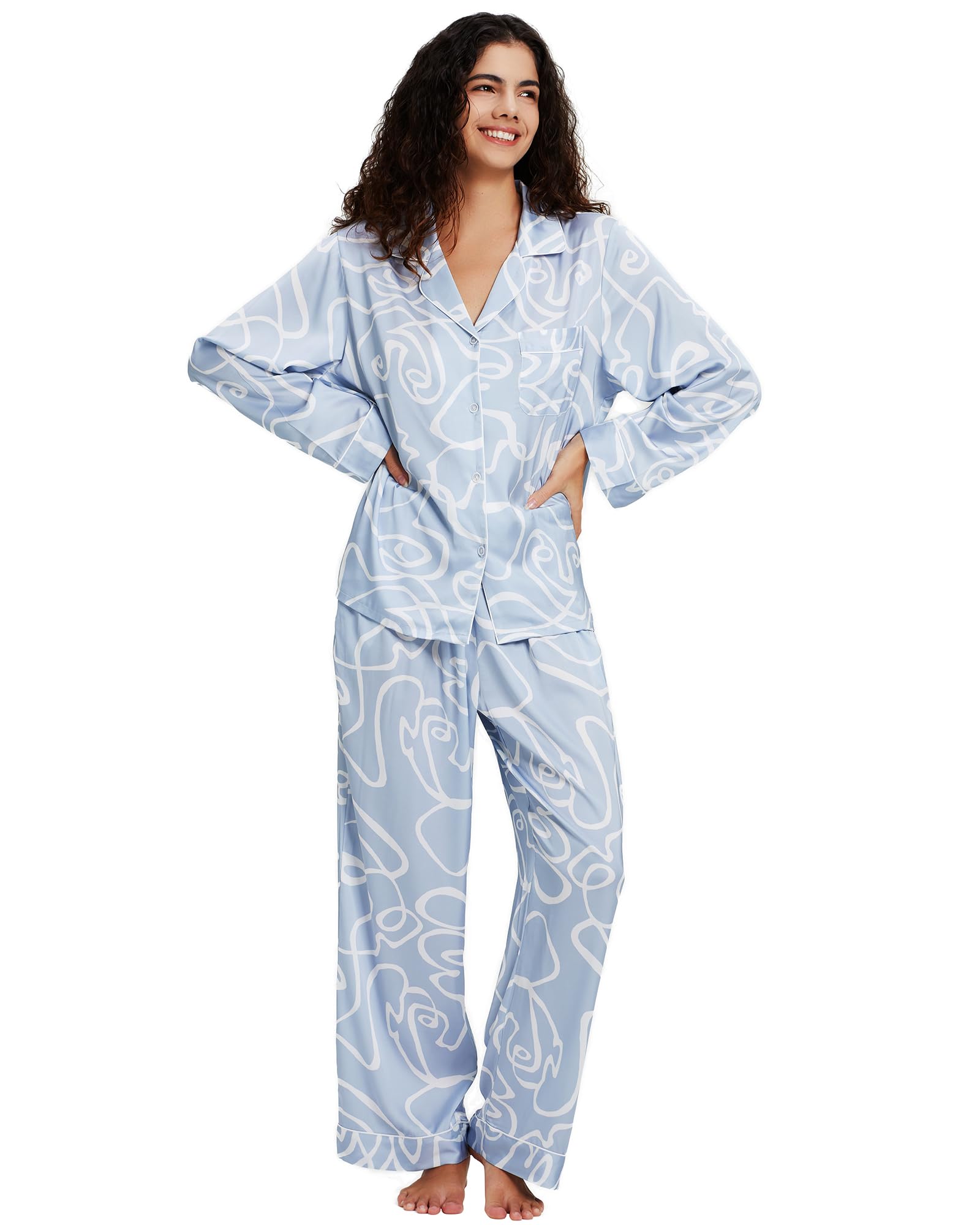 YiNi LuLu Womens Silk Satin Pajamas Set Button Down 2 Piece Pjs Long Sleeve Oversized Sleepwear with Pockets