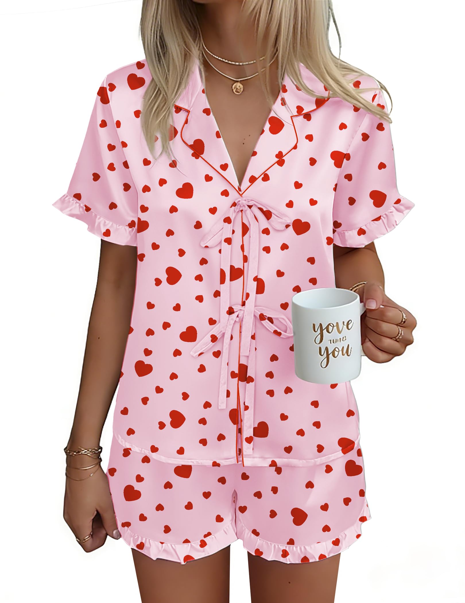 Ekouaer Satin Pajama for Women Short Sleeve Silky Pj Short Sets Lounge Set