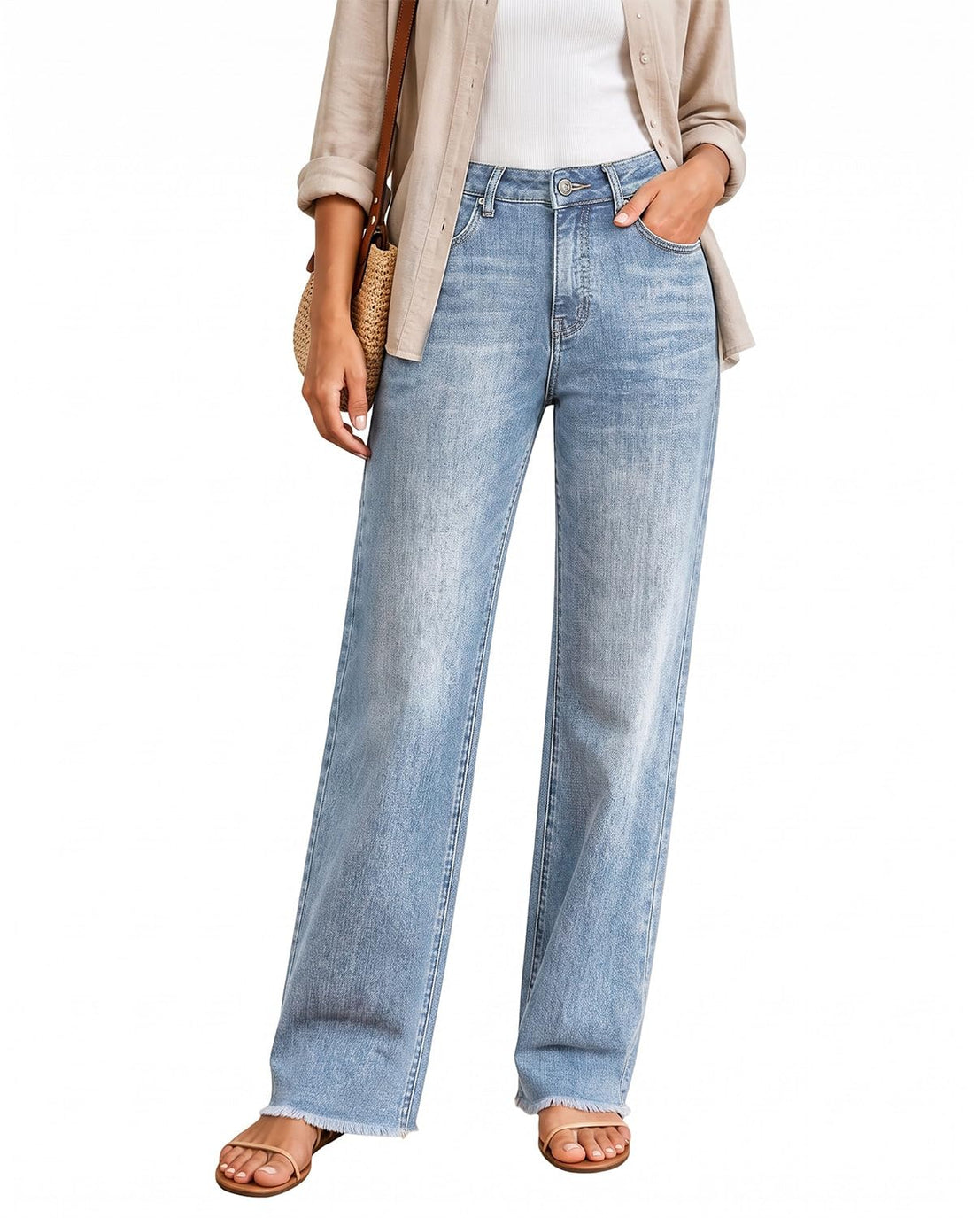 Womens High Waisted Jeans Stretchy Straight Leg Loose Fit Tummy Control Raw Hem Denim Pants Trendy Fashion