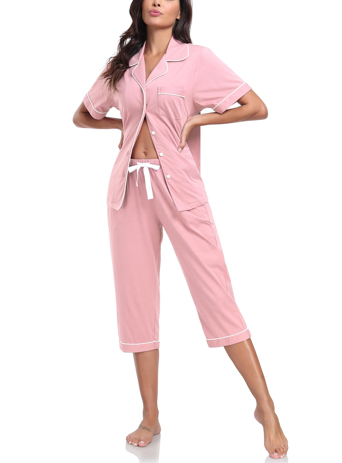 COLORFULLEAF 100% Cotton Women's Pajama Sets Short Sleeve Capri Pajamas for Women Set Button Down Pjs Soft Sleepwear Summer