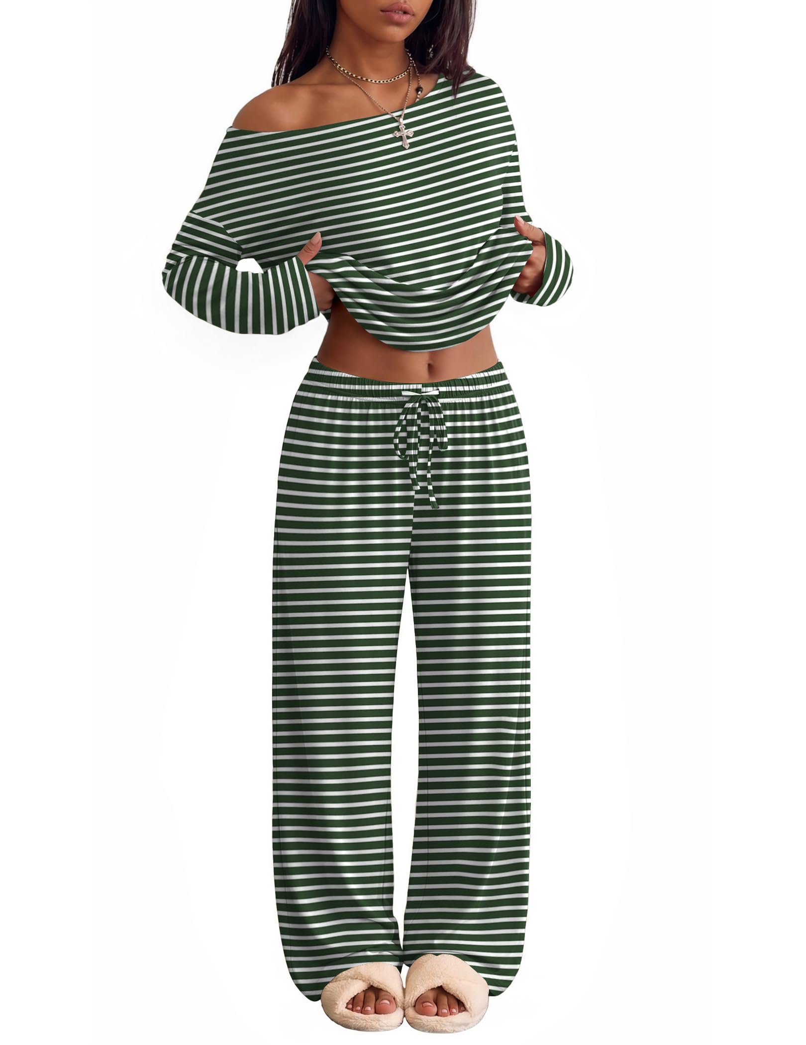 Ekouaer Womens Pajama Sets Off Shoulder Lounge Set 2 Piece Long Sleeve PJs