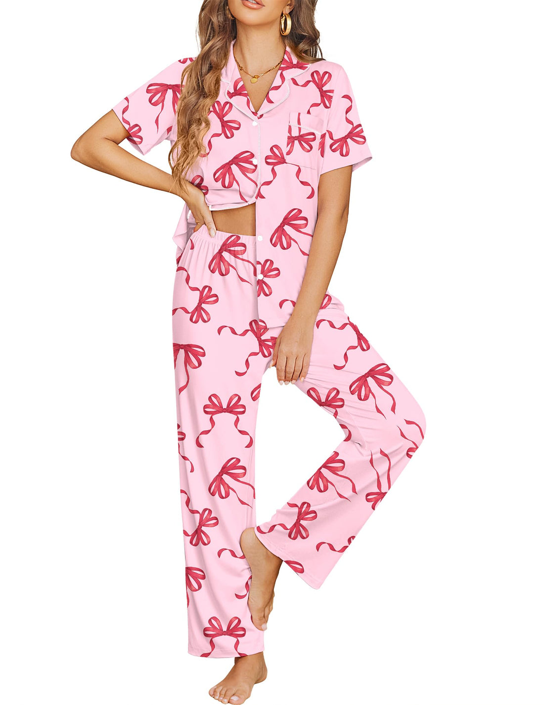 Ekouaer Womens Pajama Sets Button Down Lounge Sets 2 Piece Short Sleeve Pjs