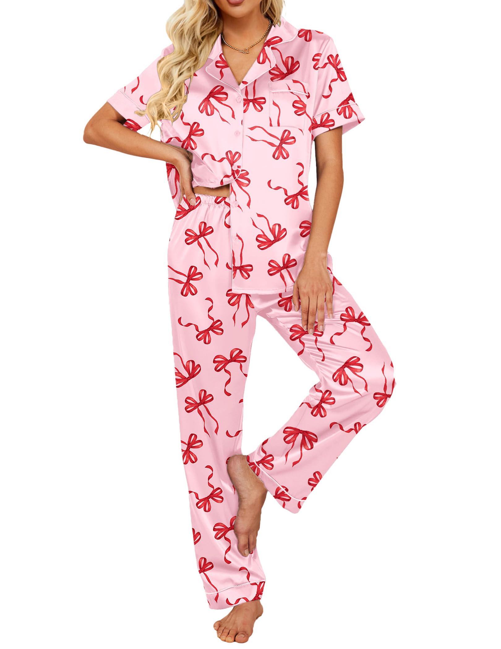 Ekouaer 2 Piece Satin Short Sleeve Pajamas Set Button Down Sleepwear