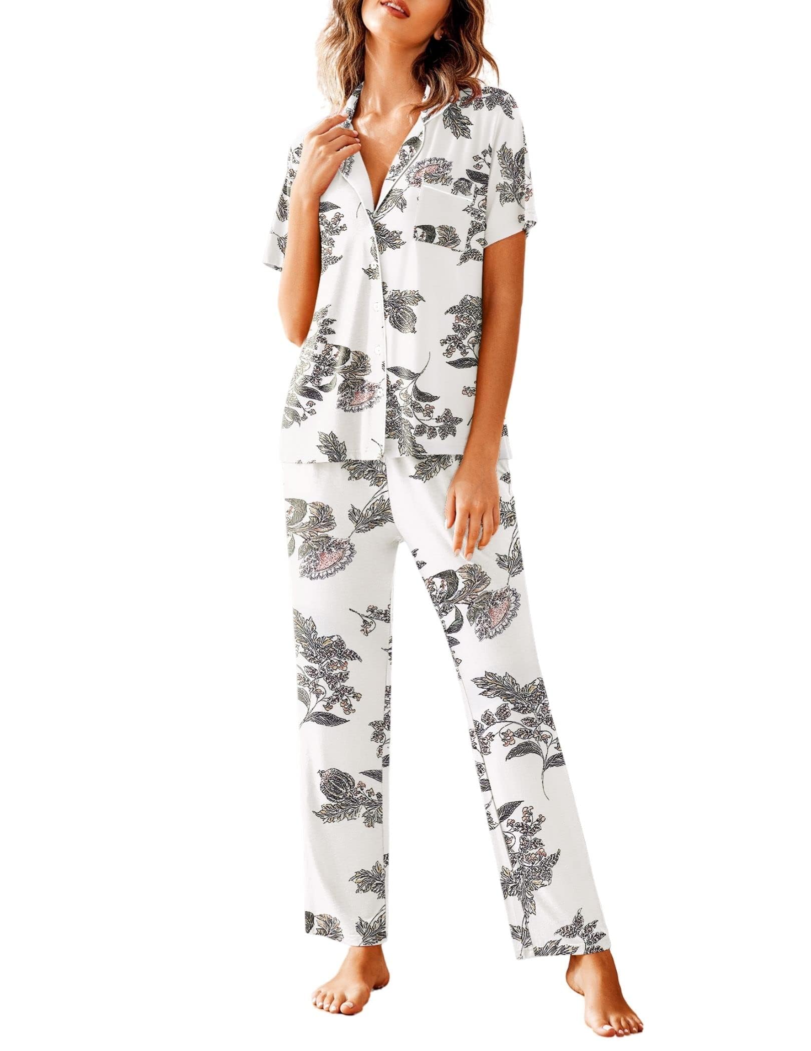 Avidlove Women Pajamas Set Notch Collar Soft Sleepwear Pjs Short Sleeve Button Down Nightwear with Long Pants