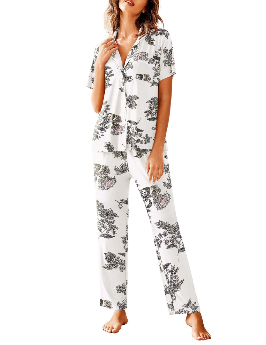 Avidlove Women Pajamas Set Notch Collar Soft Sleepwear Pjs Short Sleeve Button Down Nightwear with Long Pants