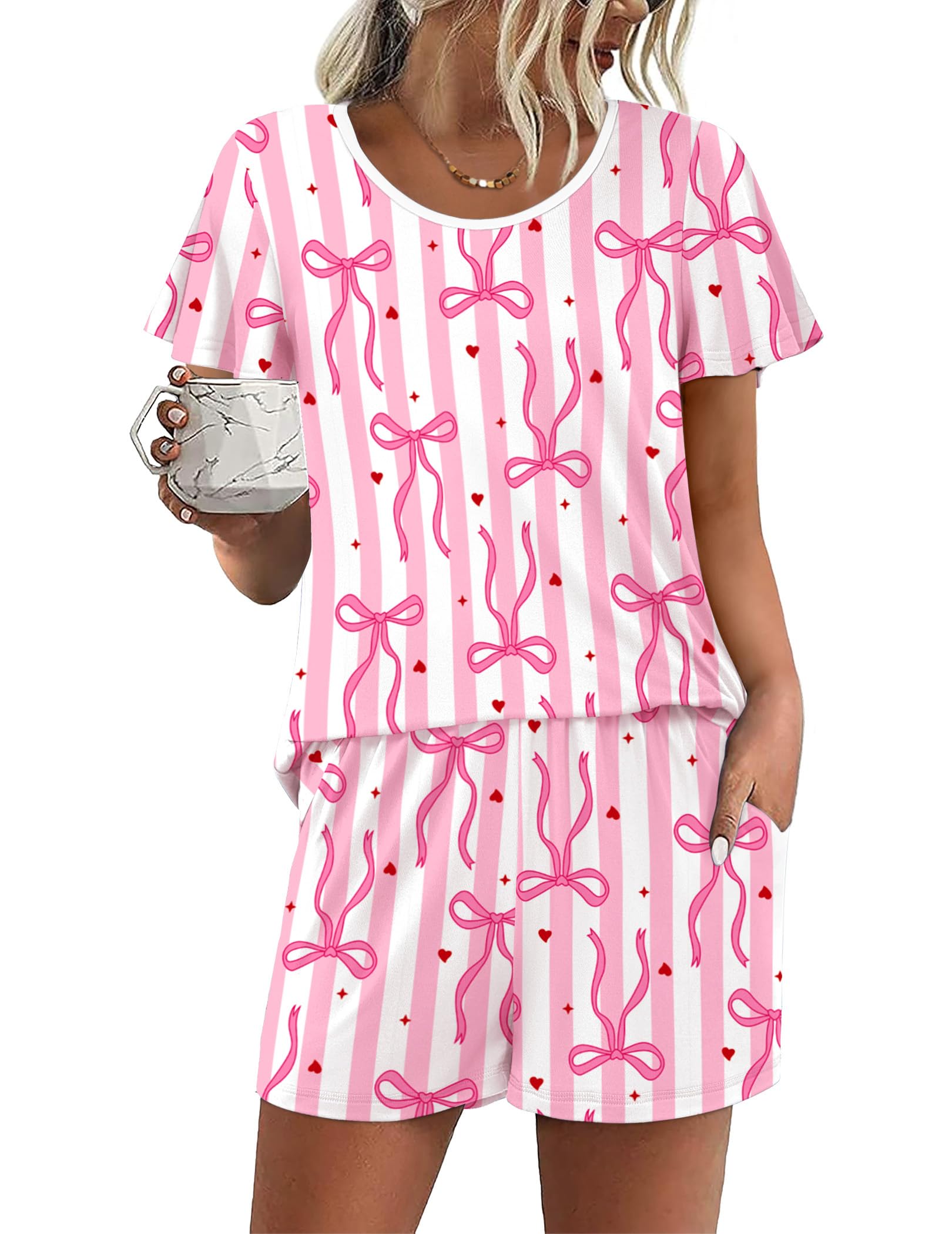 Ekouaer Womens Pajama Set Summer Short Sleeve Pjs Sleepwear Cute 2 Piece Lounge Sets S-XXL