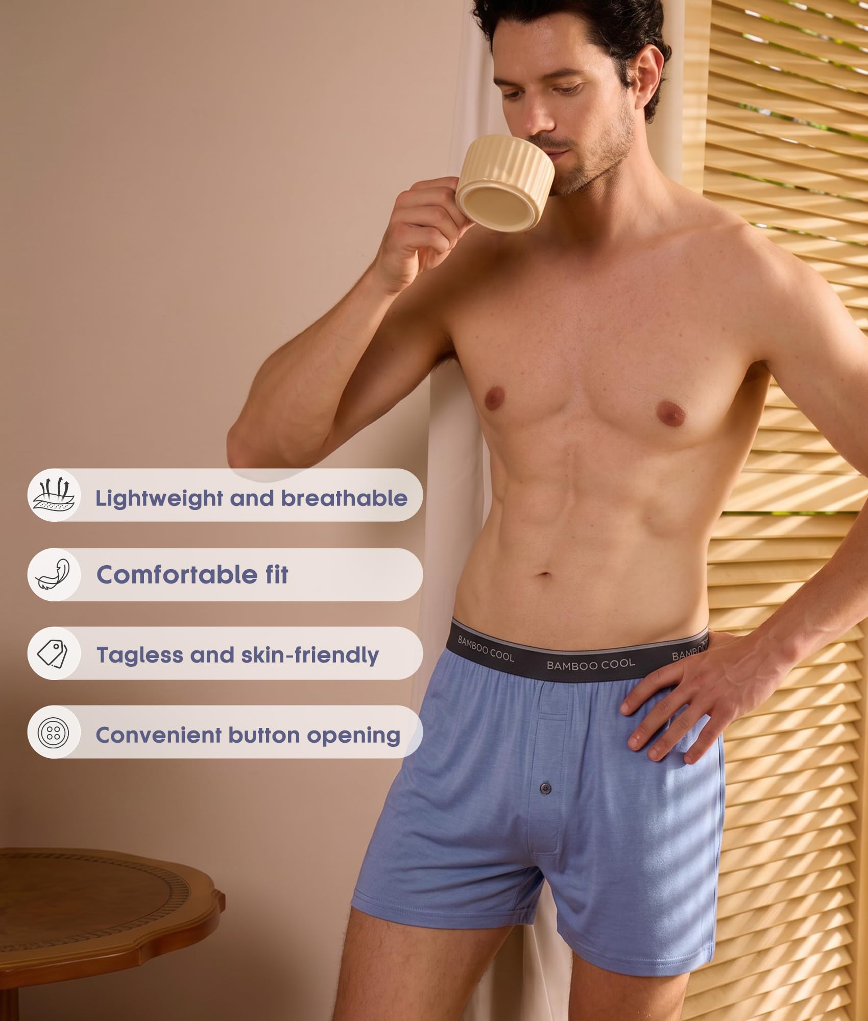 BAMBOO COOL Men's Underwear Boxer Shorts,Breathable knit Boxers,Stretch and Relaxed Fit 4 Pack