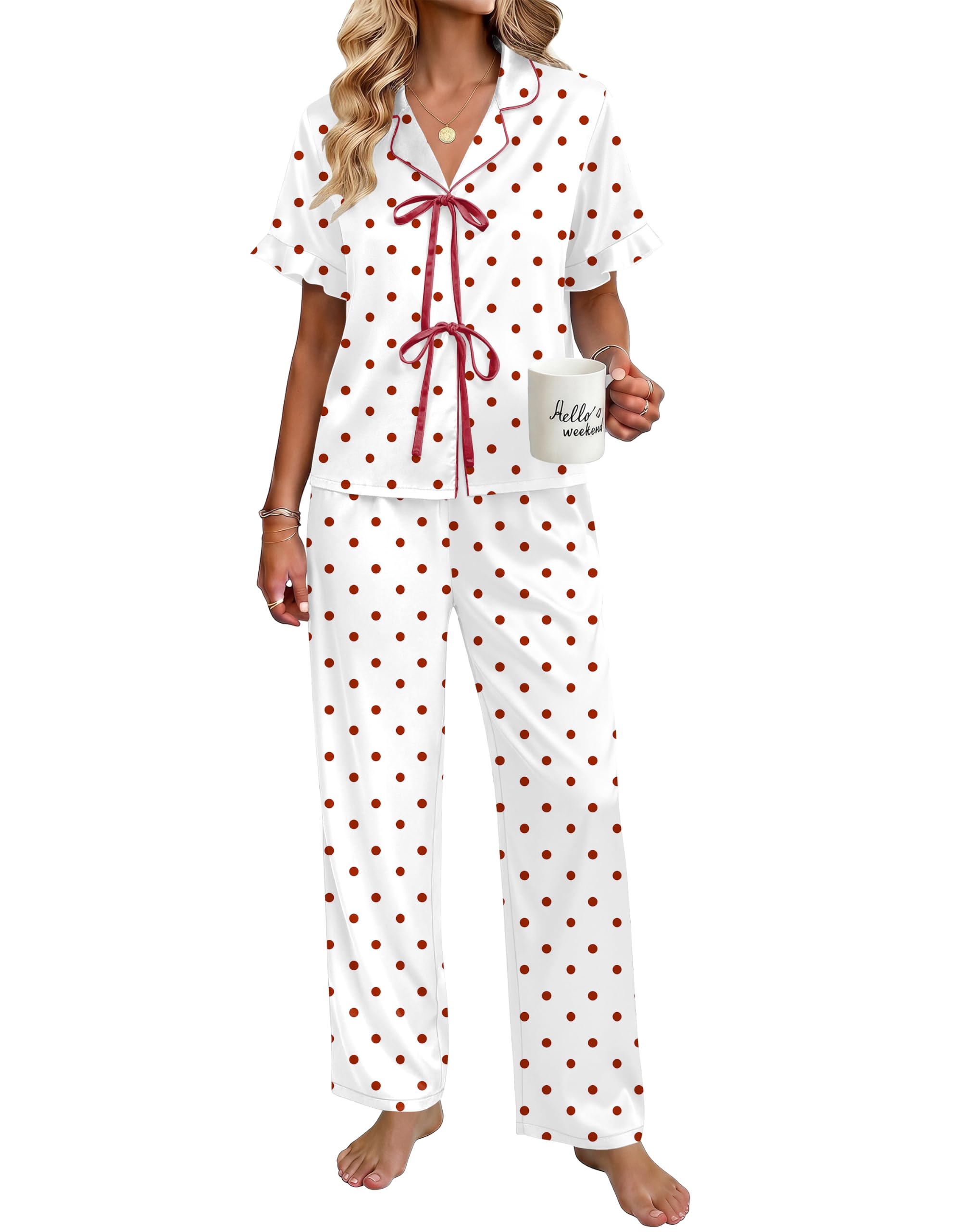 Ekouaer Womens Satin Pajama Sets Silky Tie Front Ruffle Pjs Sets Sleepwear