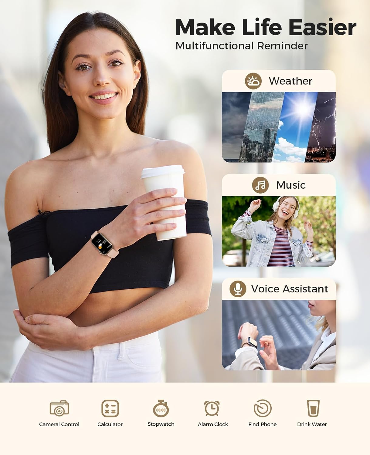 Smart Watch Fitness Tracker, Bluetooth Call, 24/7 Health Monitor for Women