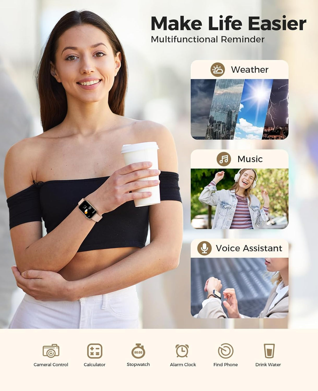 Smart Watch Fitness Tracker, Bluetooth Call, 24/7 Health Monitor for Women