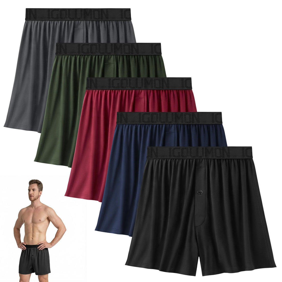 IGOLUMON Mens Boxer Shorts Underwear Soft Breathable Bamboo Rayon Boxers for Men Relaxed Fit Boxers with Button Fly 5 Pack