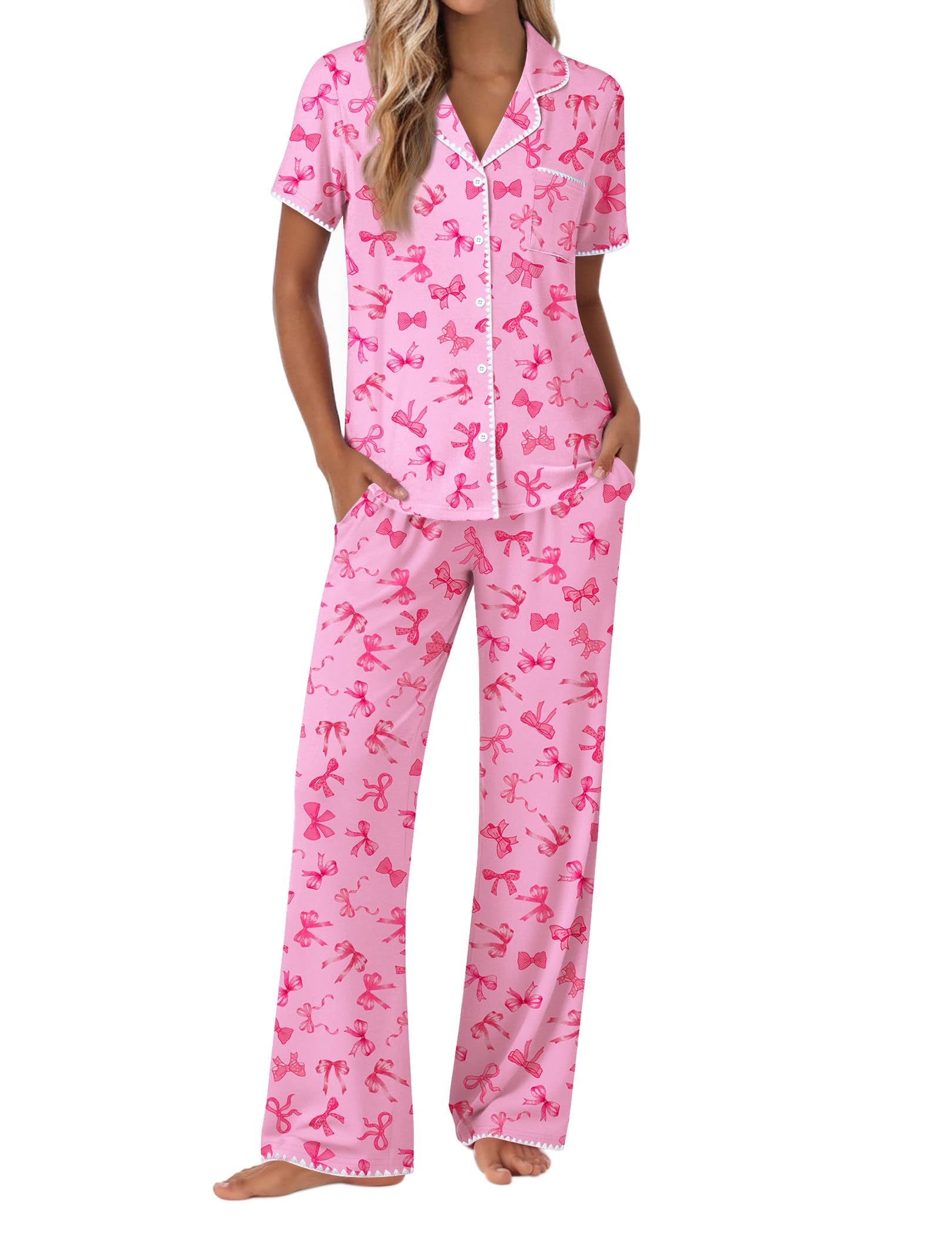 Ekouaer Pajamas for Women Set Button Up Soft Pjs Short Sleeve Lounge Sets