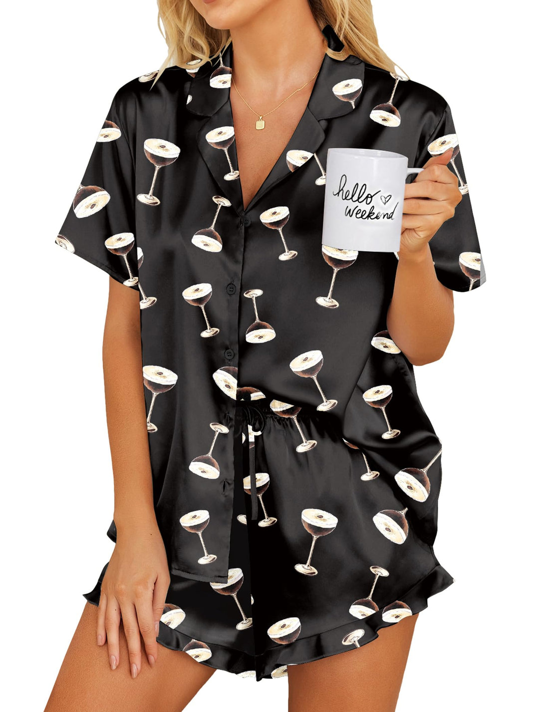 Ekouaer Womens Satin Pajamas Set Button Down 2 Piece Silk Pjs Shorts Set Ruffle Lingerie Notch Collar Sleepwear