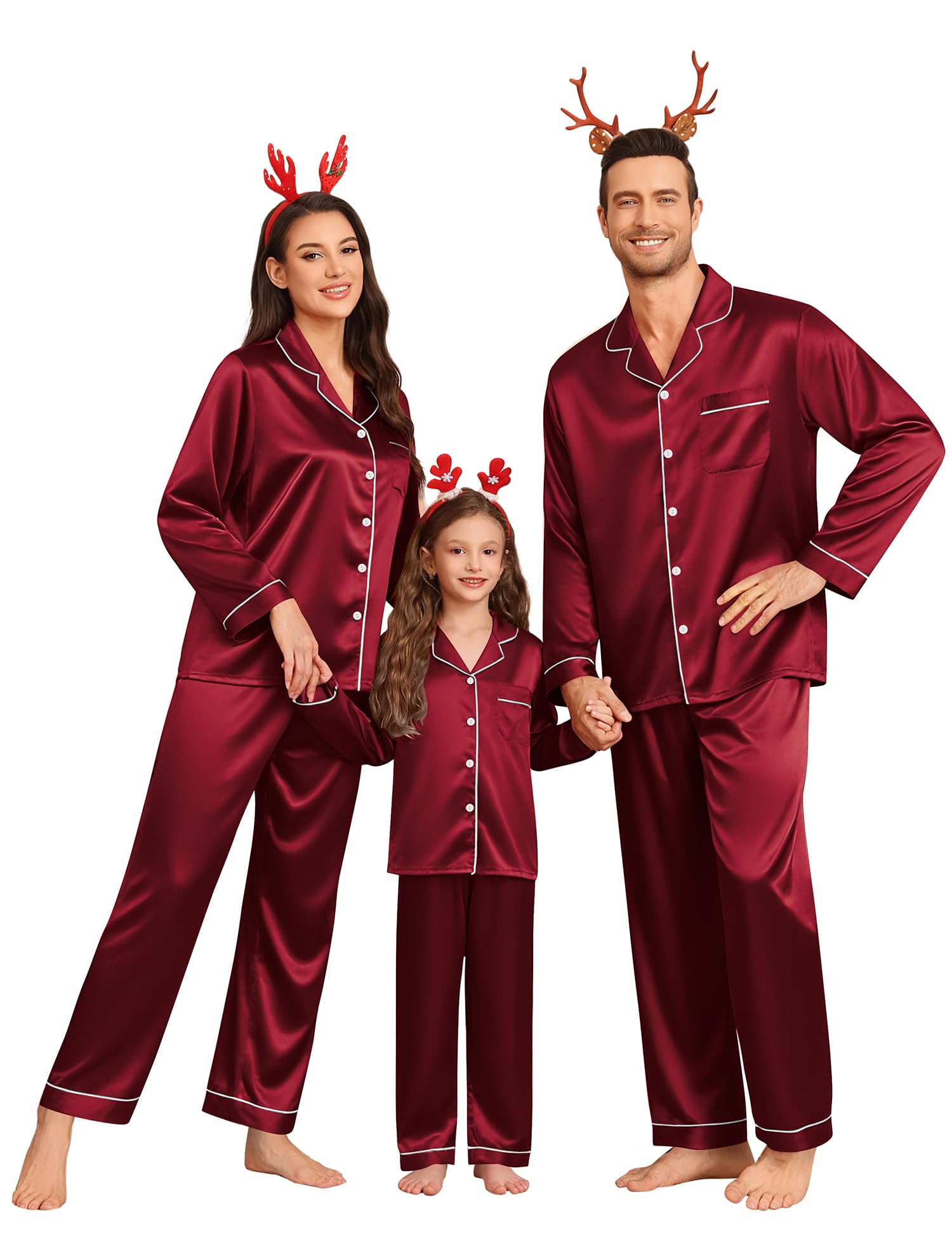 SWOMOG Family Matching Pajamas Set Silk Satin Button Down Sleepwear Long Sleeve Nightwear 2 Pcs Pj Set S-XXL