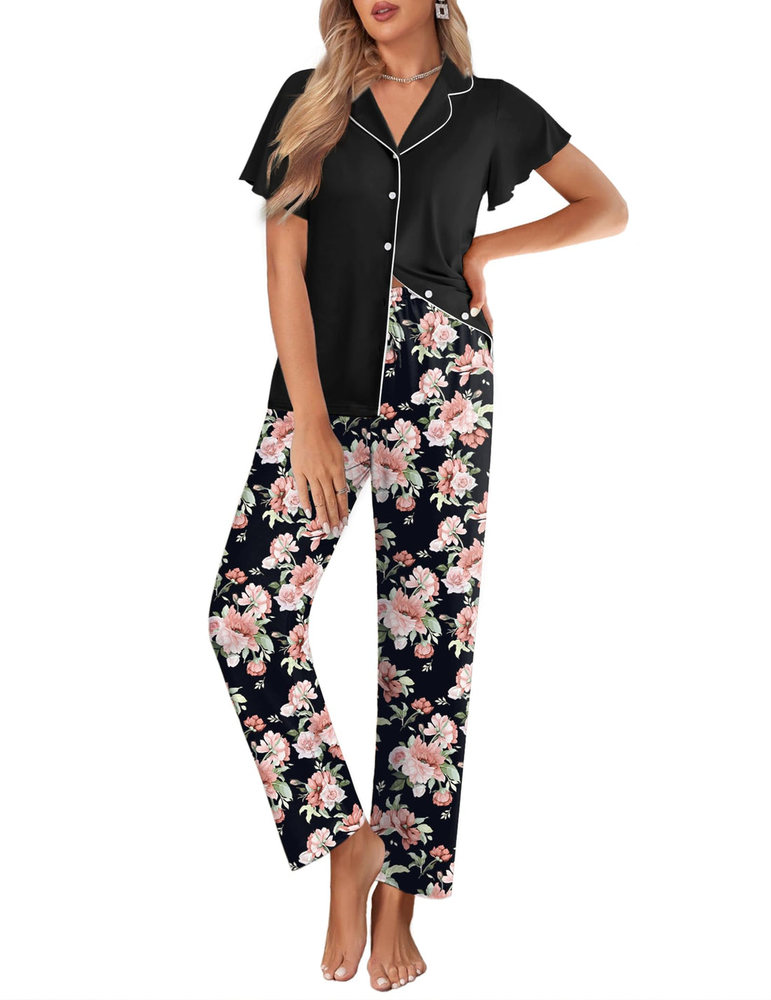 Ekouaer Pajamas for Women Set Ruffle Sleeve Button Up with Long Pants