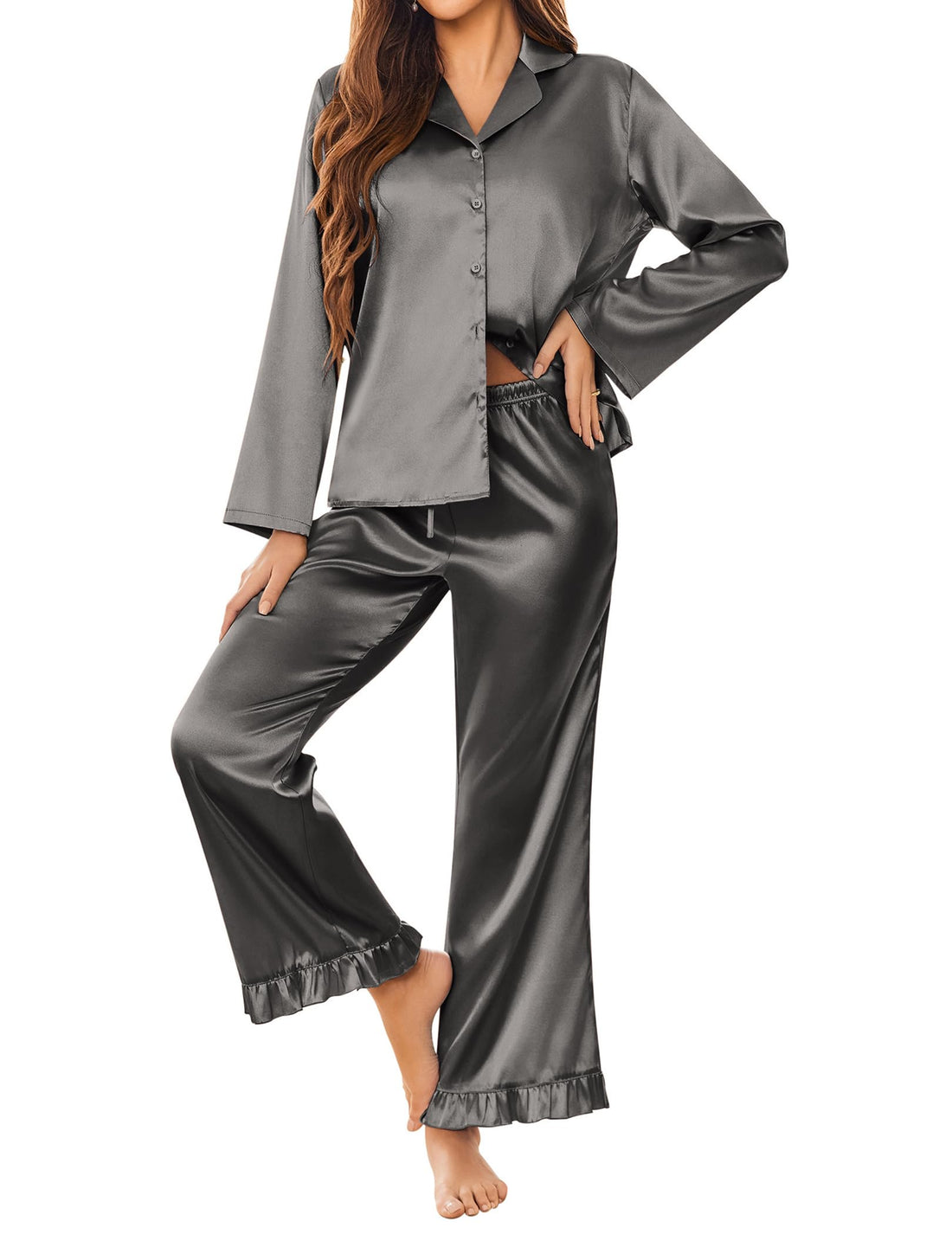 Ekouaer Satin Pajama Set for Women Long Button Down Silk Pj with Ruffle