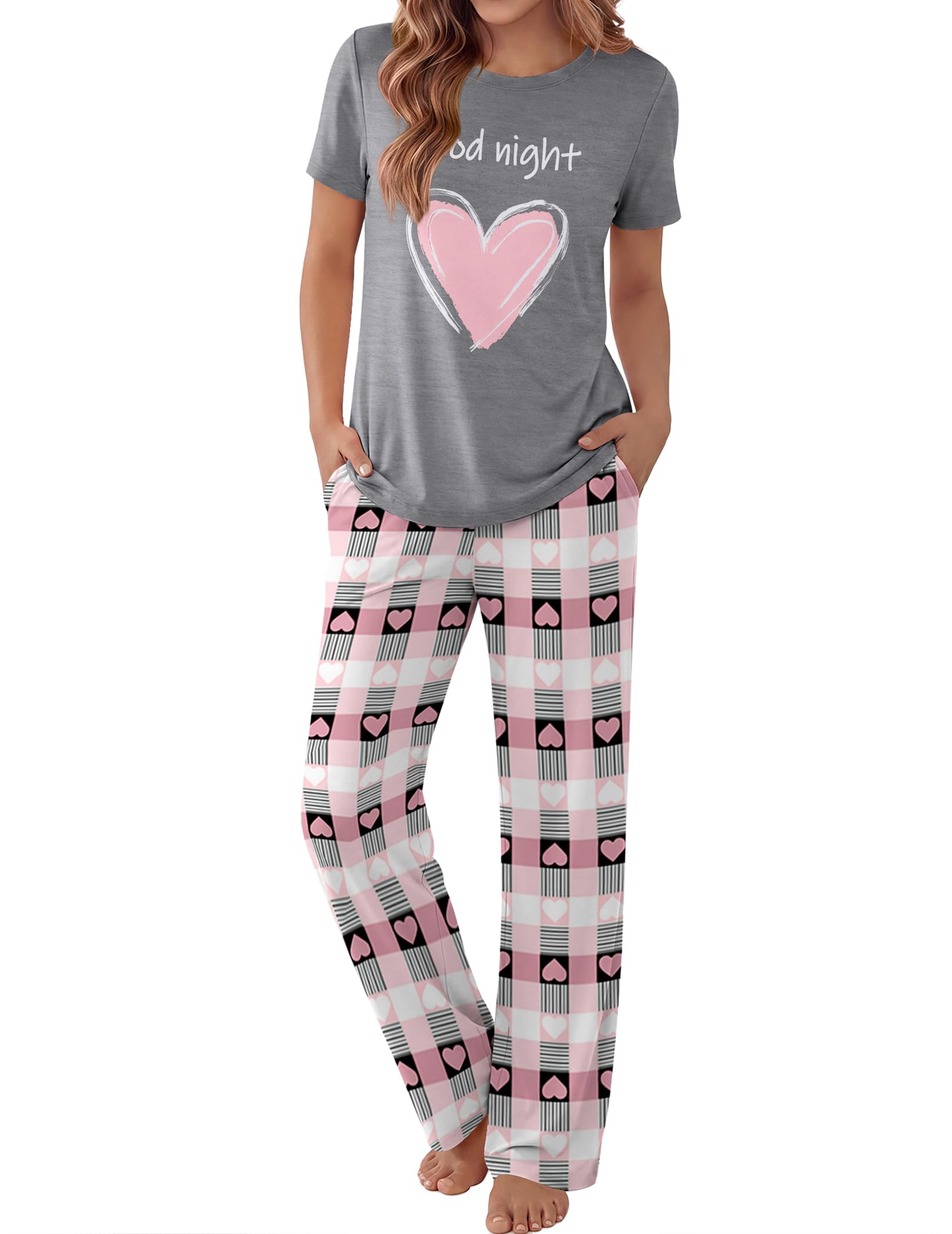 Ekouaer Pajama Set for Women 2 Piece Pjs Short Sleeve Top and Printed Pants