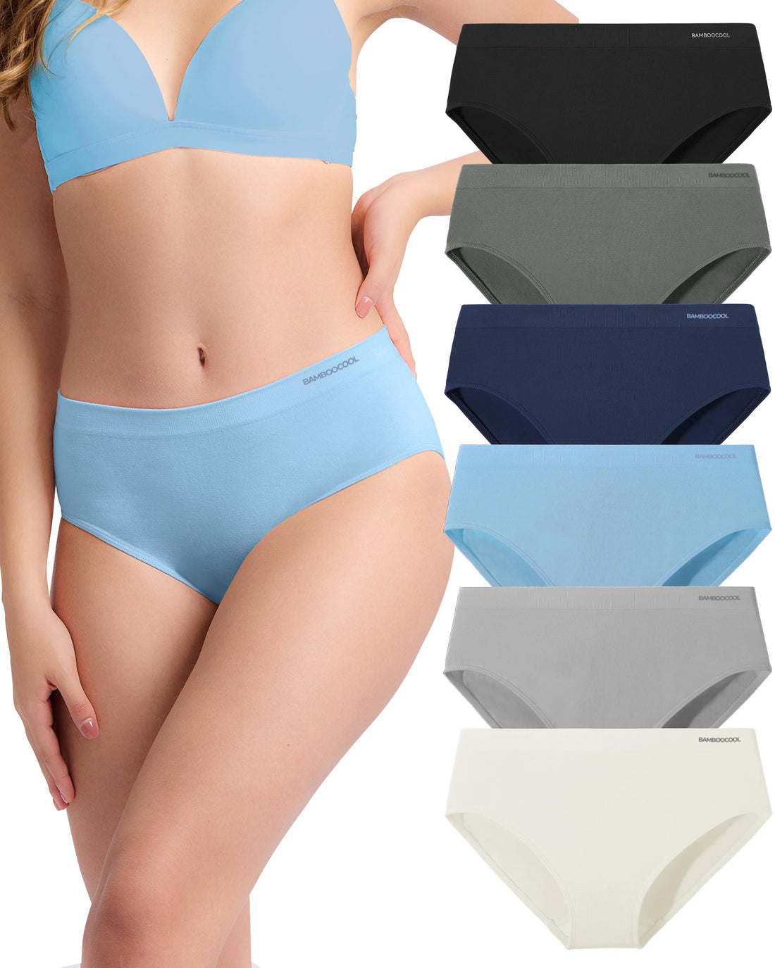 Women's Bamboo Seamless Bikini Panties Moisture-Wicking Stretchy Breathable Hipster Coverage Ladies Underwear 6-pack