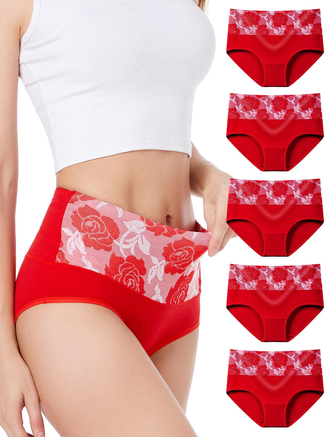 HAVVIS Women's Briefs Underwear Cotton High Waist Tummy Control Panties Rose Jacquard Ladies Panty Multipack