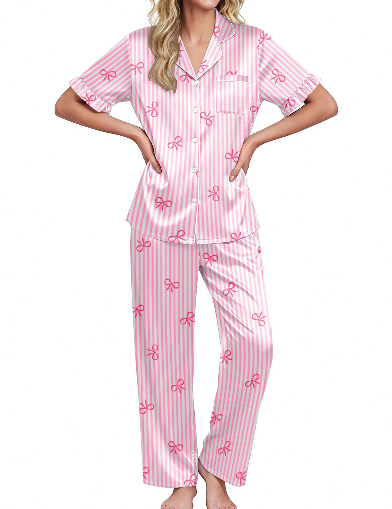 Ekouaer Silk Satin Pajamas for Women Set 2 Piece Short Sleeve Button Up Pjs