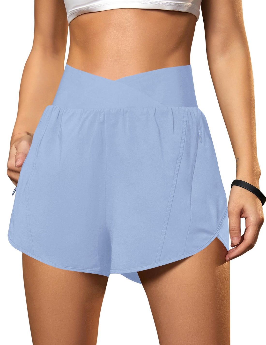 Blooming Jelly Women's Workout Shorts Athletic Running Shorts Crossover High Waisted Gym Shorts with Zipper Pockets