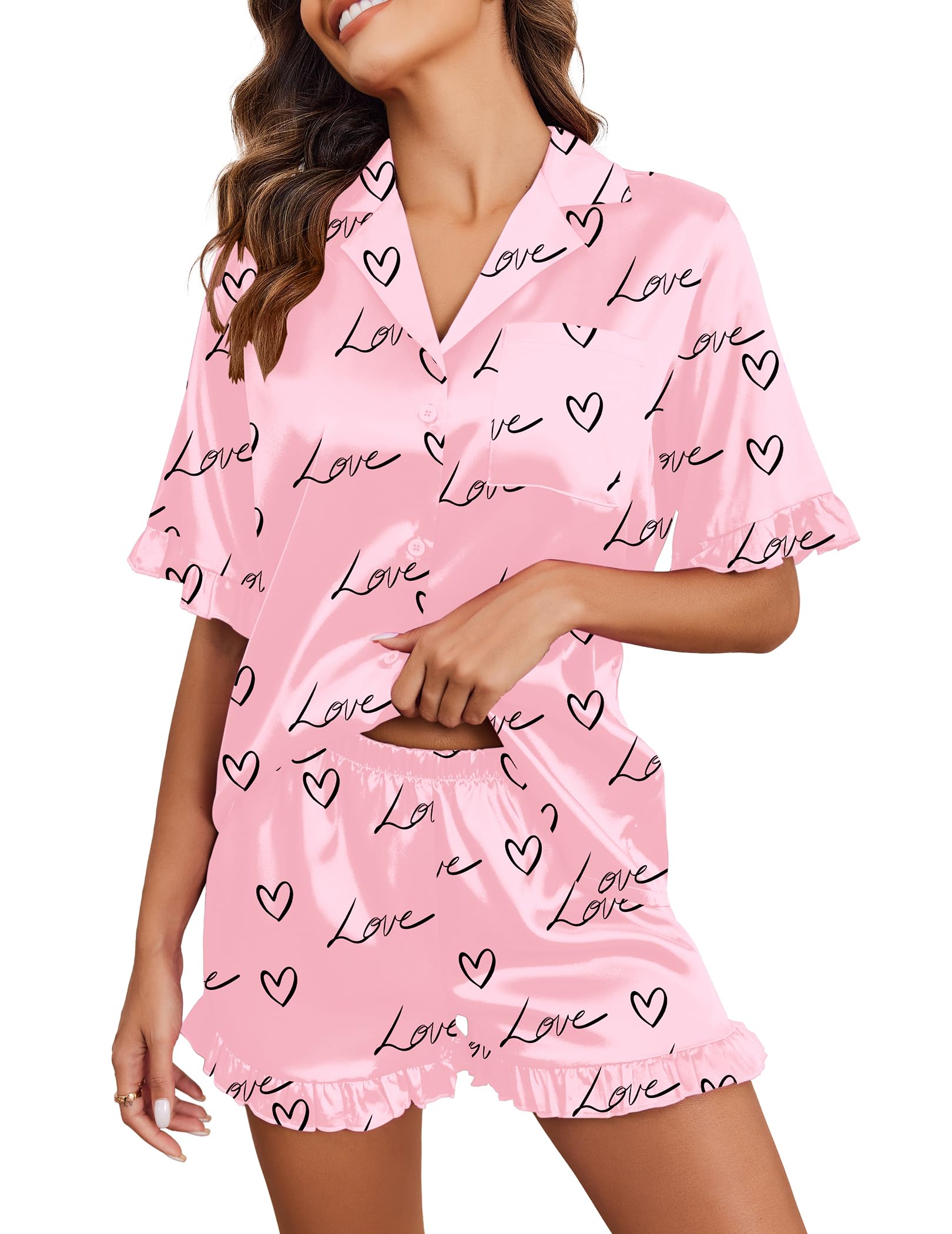 Ekouaer Satin Pajama Set for Women 2 Piece Pj Sets Short Sleeve Sleepwear