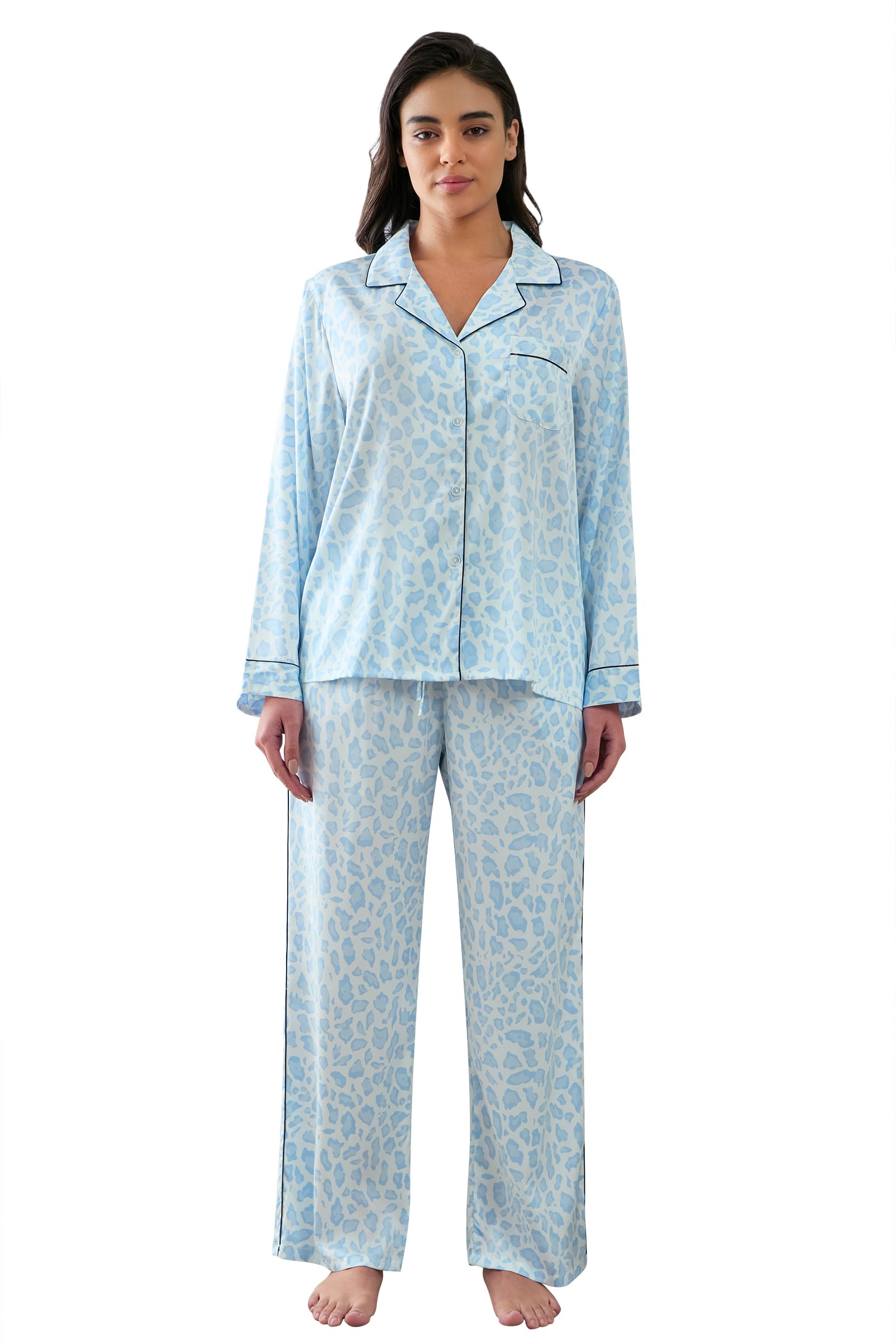 YiNi LuLu Womens Silk Satin Pajamas Set Button Down 2 Piece Pjs Long Sleeve Oversized Sleepwear with Pockets