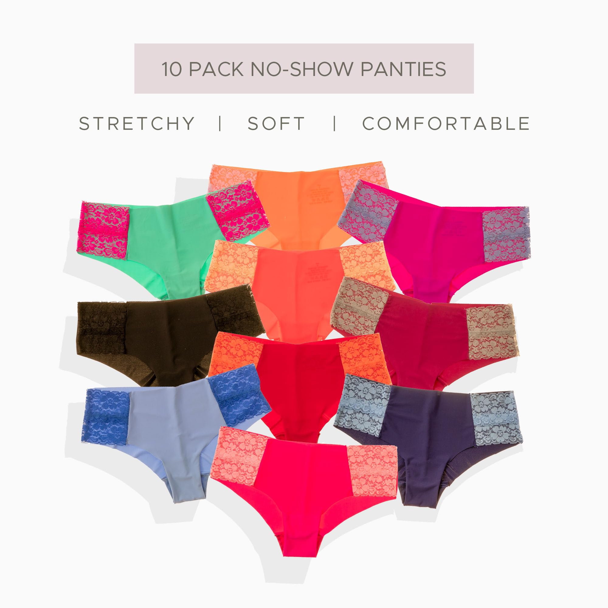 Pretty Sweet Intimates Women’s Seamless Cheeky Bikini Underwear, Pack of 10- Laser Cut, No Show Cheeky Panties with Lace
