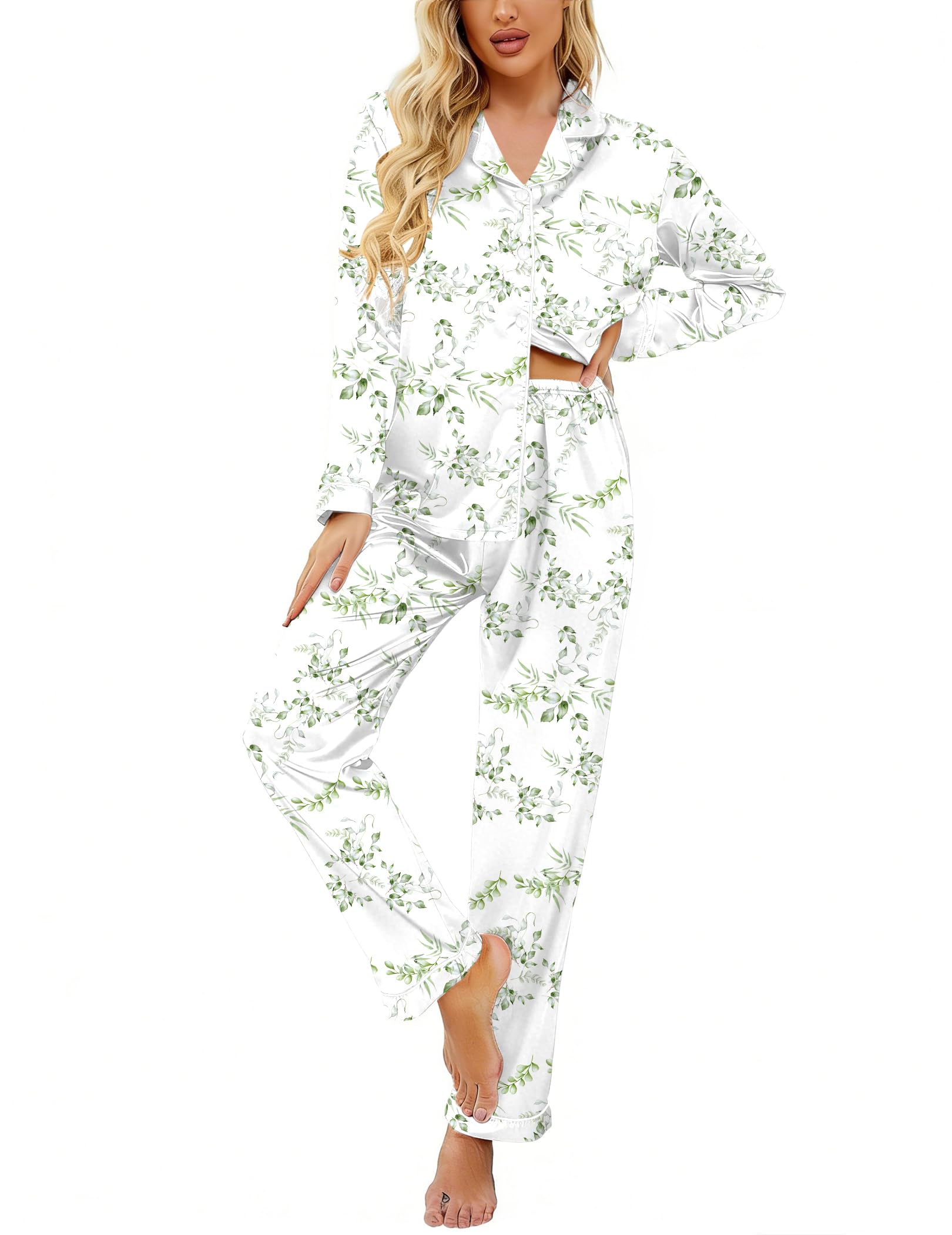 Ekouaer Women's Classic Button Down Long Satin Silk Pajama Set
