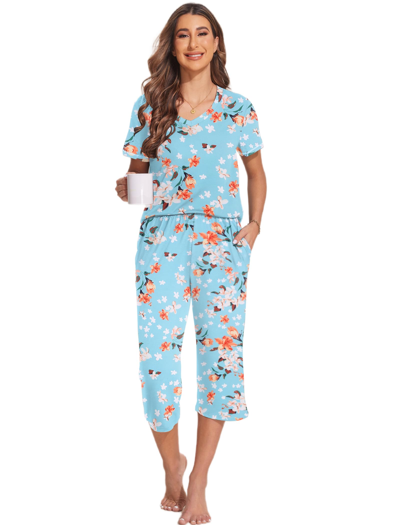 Ekouaer 2 Pack Women's Capri Pajama Sets Short Sleeve Two-Piece Pjs V Neck Tops & Pants Printed Lounge Sets S-3XL