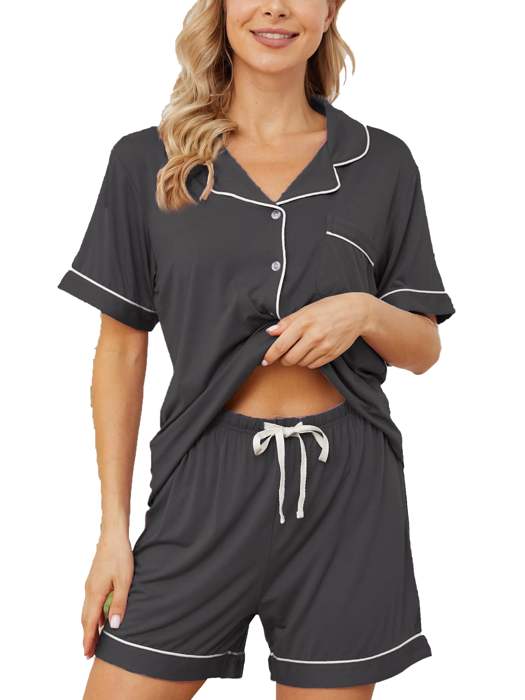 Womens Pajama Sets Short Sleeve Sleepwear Soft Button Down Nightwear Lounge Pj Set XS-XXL