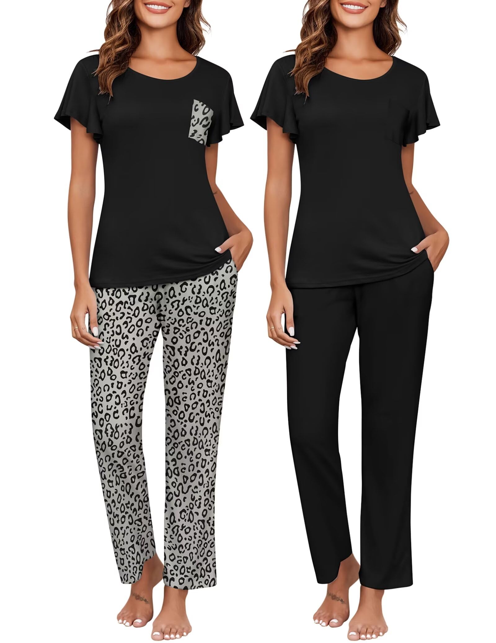 Ekouaer Pajamas for Women Set 2 Piece Comfy Loungewear, Lightweight Pjs Sleepwear, Short Sleeve Top & Long Pants with Pockets