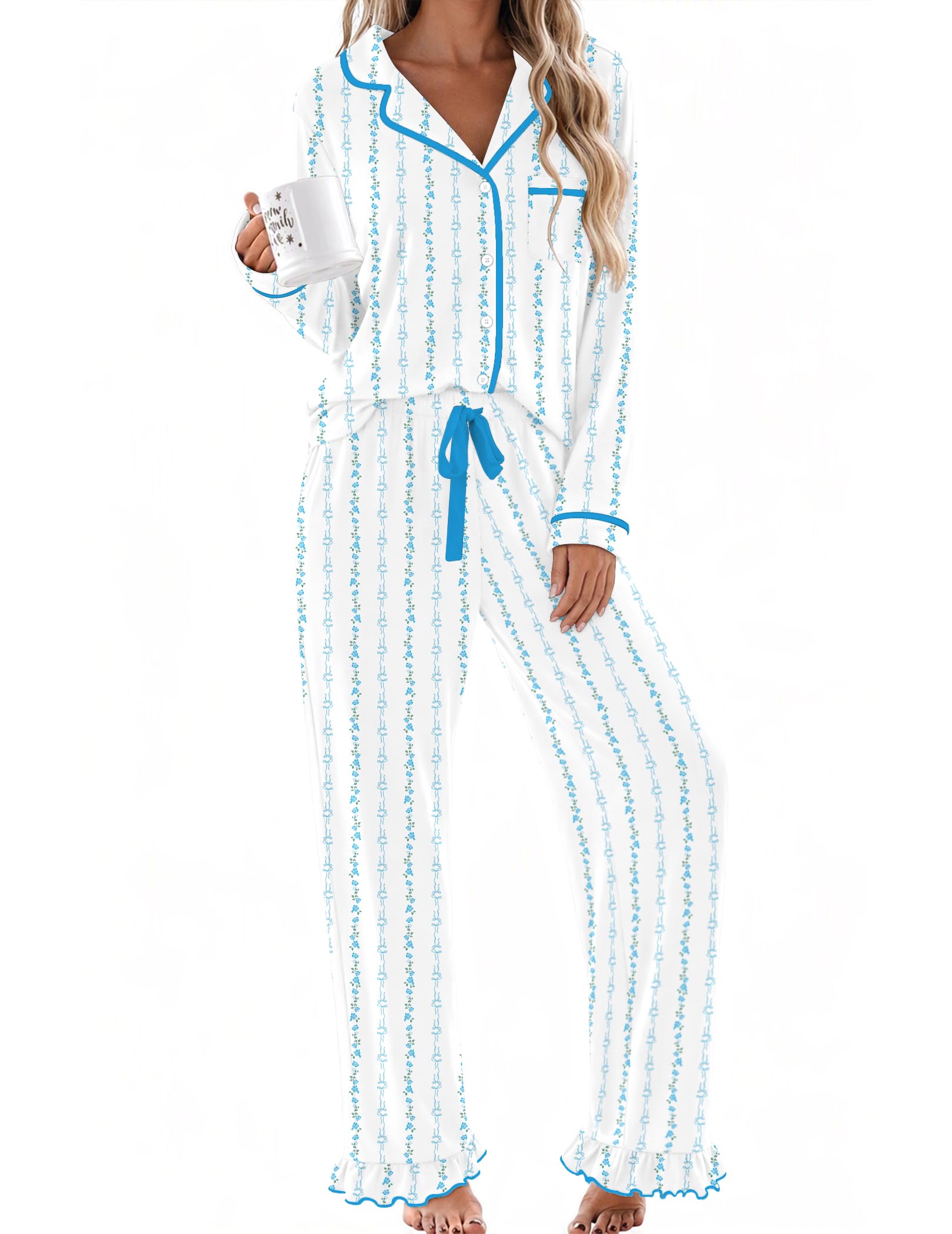 Ekouaer Womens Pajama Sets Long Sleeve Sleepwear Button Down Pjs Loungewear