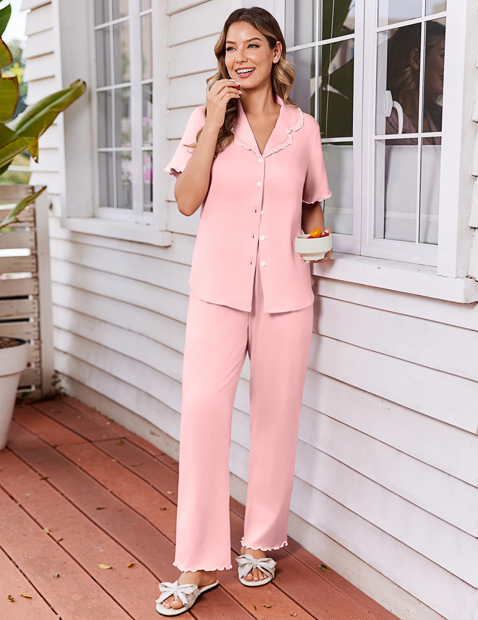 Ekouaer Womens Pajama Sets Short Sleeve Printed PJs Button Down Sleepwear