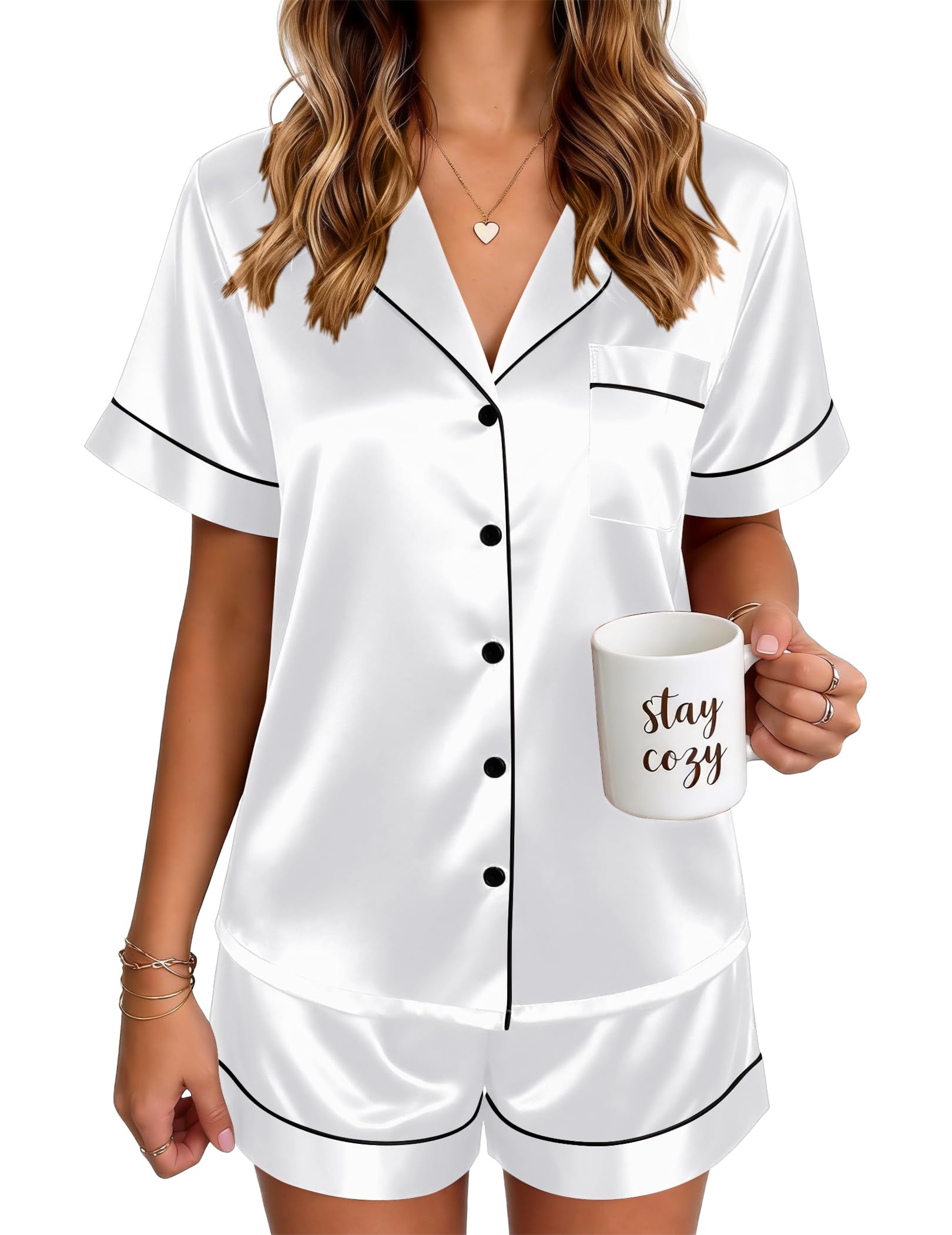 Ekouaer Satin Pajamas for Women Silk Pjs Short Set 2 Piece Lounge Sets