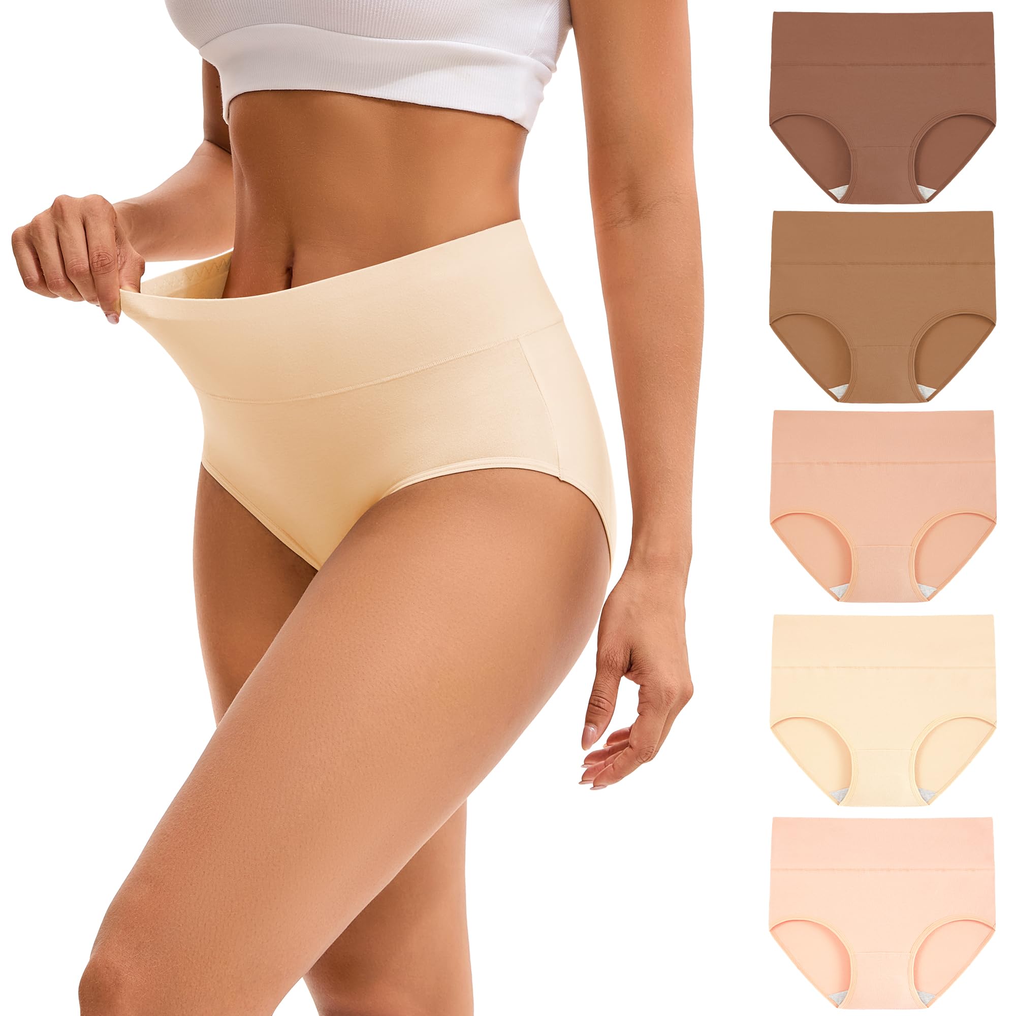 INNERSY Women's High Waisted Underwear Cotton Panties Regular & Plus Size 5-Pack