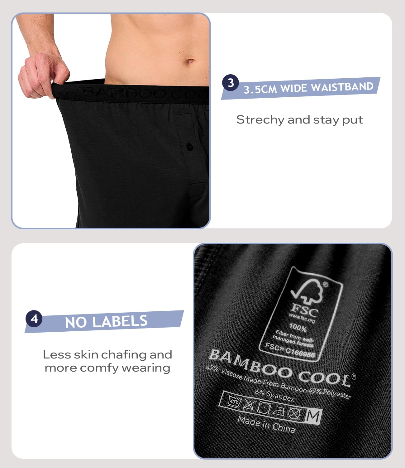 BAMBOO COOL Mens Underwear Boxers Moisture-wicking and Cool Men's Boxer Shorts Loose Fit Super Soft 4 Pack