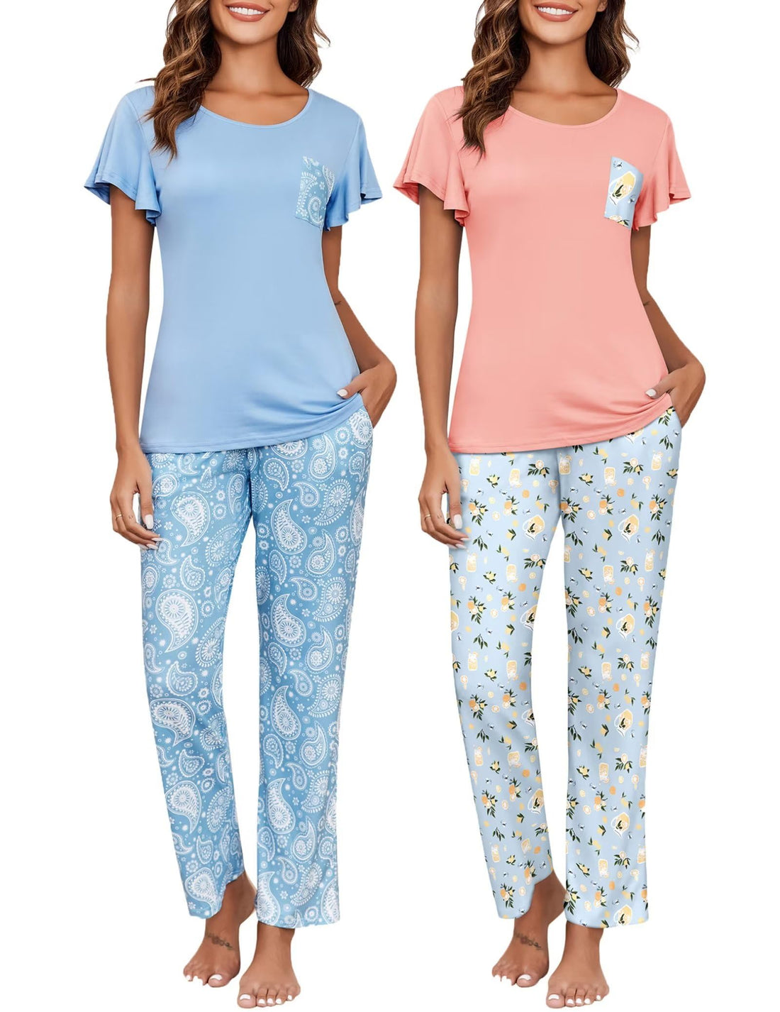 Ekouaer Pajamas for Women Set 2 Piece Comfy Loungewear, Lightweight Pjs Sleepwear, Short Sleeve Top & Long Pants with Pockets