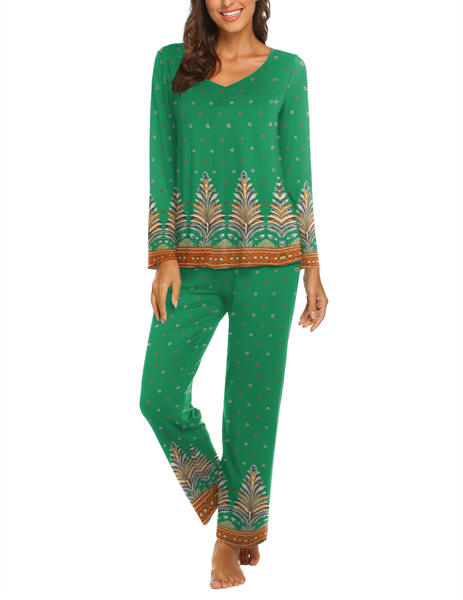 Ekouaer Pajamas for Women Set Long Sleeve Pleated Top and Pants Loungewear